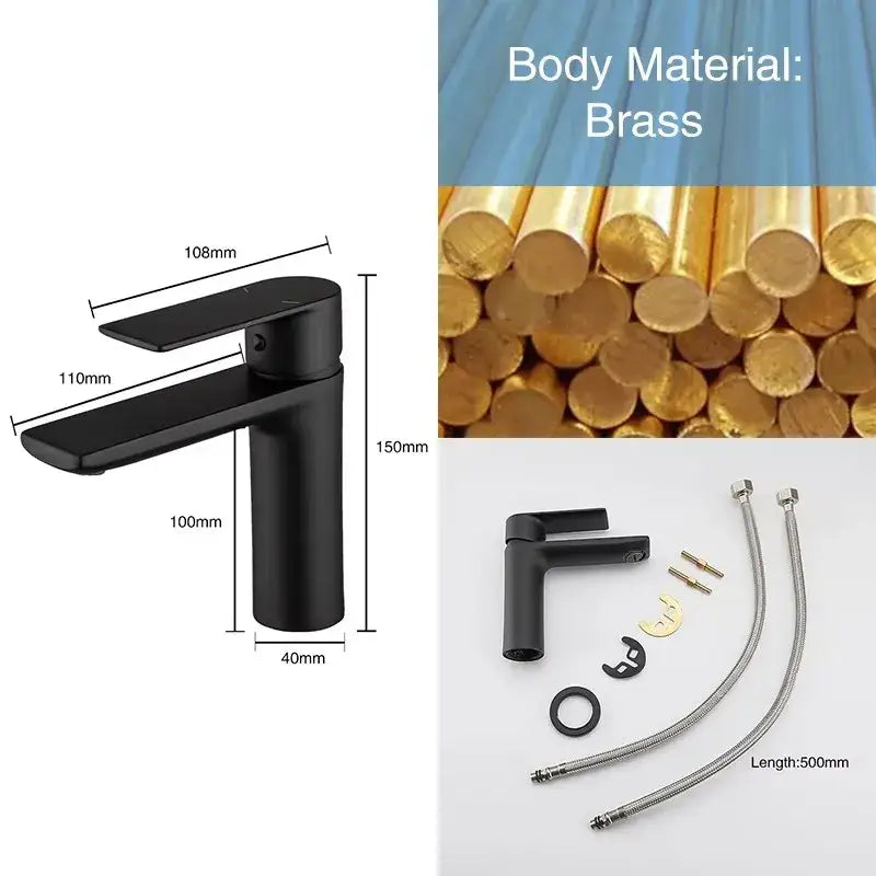 Modern matte black basin faucet with brass body ceramic valve core featuring short tap styles for bathroom use