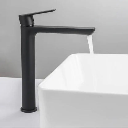 Modern matte black basin faucet with ceramic valve core and short tap styles features a sleek minimalist design