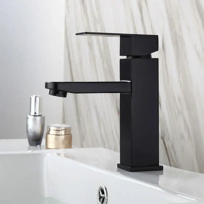 Modern matte black basin faucet with angular geometric design and single handle mixer by decorbites black basin faucet