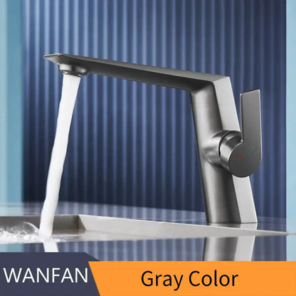 Gray metallic basin faucet with modern angular design and single lever handle for decorbites black basin faucet use