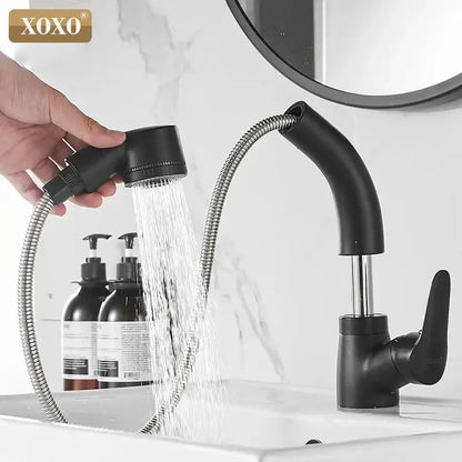 Modern matte black basin faucet with flexible gooseneck hose and detachable spray head by decorbites black basin faucet