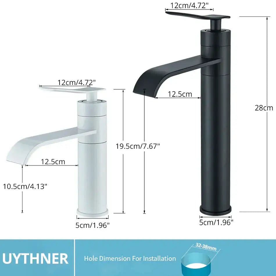Two modern uythner basin faucet mixers in matte black and white with curved waterfall spouts for bathroom decorbites basin faucet