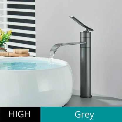 Modern matte black basin faucet mixer with grey matte finish and high-arc curved spout for bathroom decorbites basin faucet