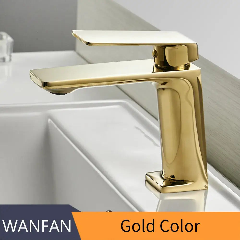 Gold-colored modern rectangular basin faucet mixer tap with sleek metallic finish for bathroom angular design