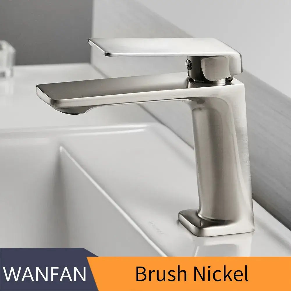 Modern brush nickel basin faucet mixer tap with sleek rectangular design and polished metallic finish for bathroom use