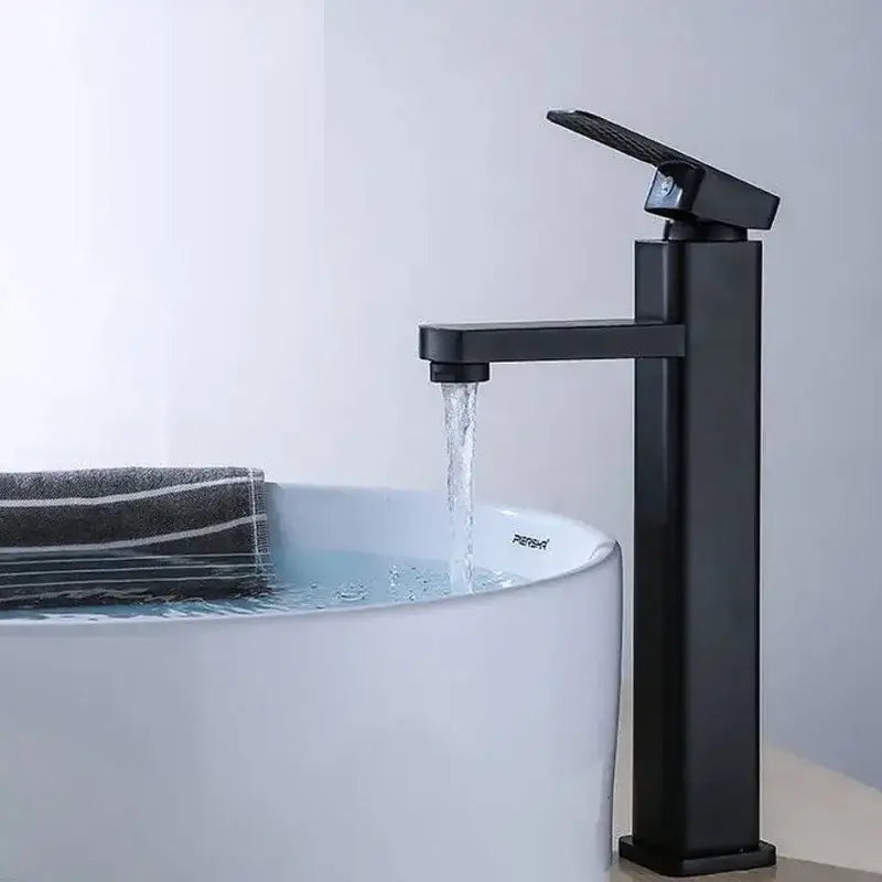 Modern matte black basin mixer faucet with rectangular spout and sleek tall design for bathroom decorbites basin use