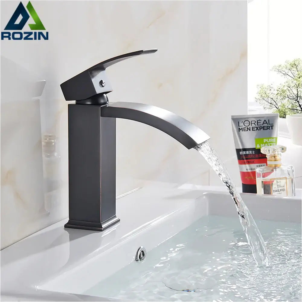 Modern matte black basin mixer faucet with sleek curved spout and single lever handle for bathroom use