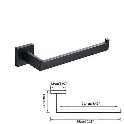 Modern matte black bathroom accessories set featuring a black matte-finished metal towel rack for decorbites black bathroom decor
