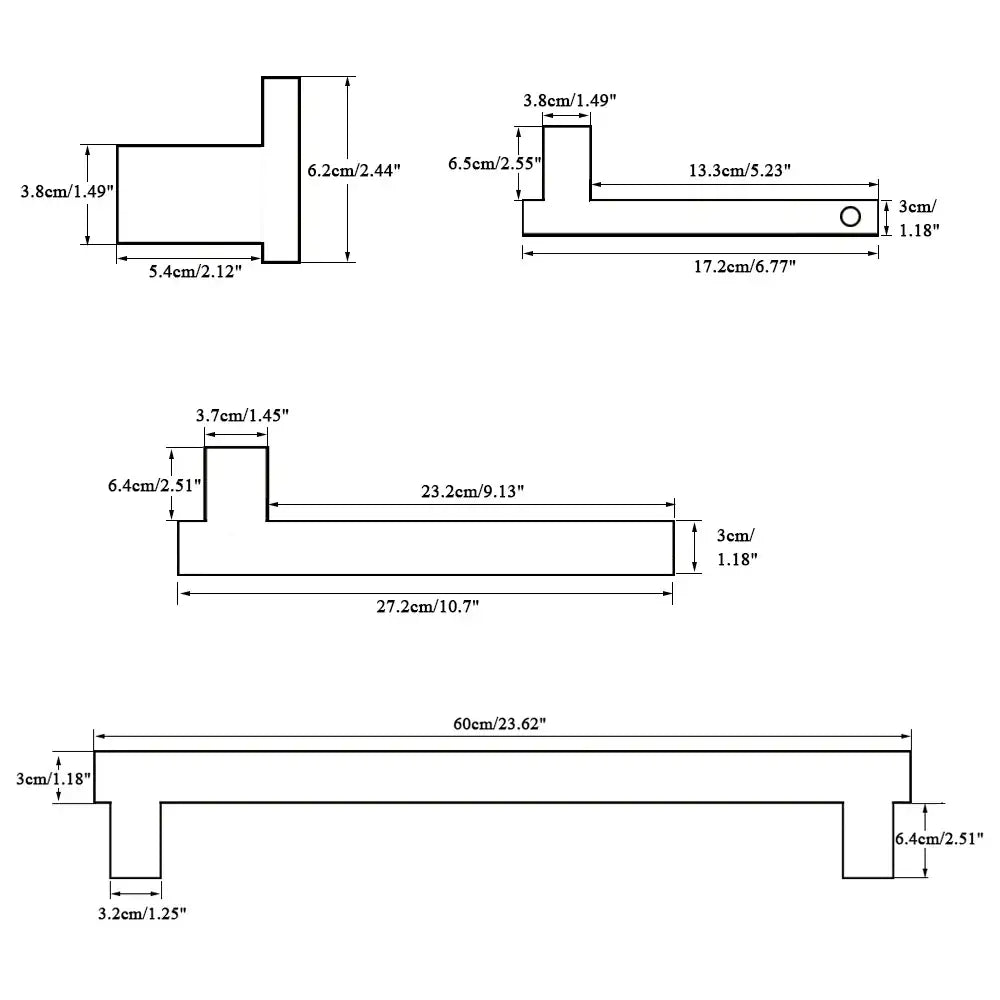 Technical drawing of matte black metal bathroom hardware set pipe fittings with precise dimensions in centimeters and inches