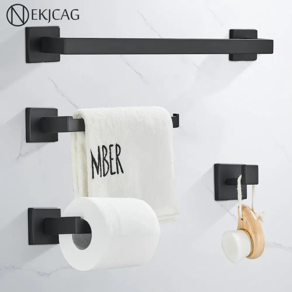 Modern matte black bathroom hardware set featuring a black matte-finished metal towel rack with square brackets