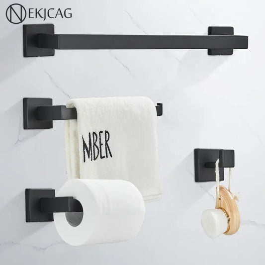 Modern matte black bathroom hardware set featuring a black matte-finished metal towel rack with square brackets