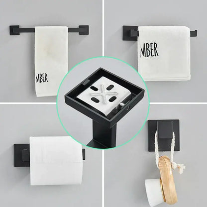 Black metal bathroom towel rack with square design and integrated soap dish in decorbites black bathroom hardware set