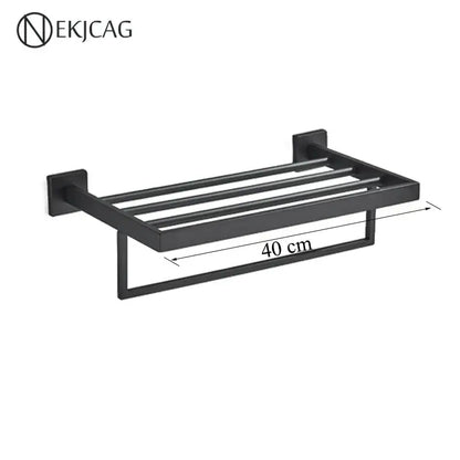 Modern matte black bathroom set featuring a black matte-finished metal towel rack with four horizontal bars decorbites black bathroom