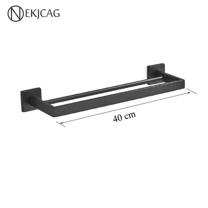 Modern matte black bathroom set featuring a decorbites black bathroom double towel rack with matte finish and square mounts
