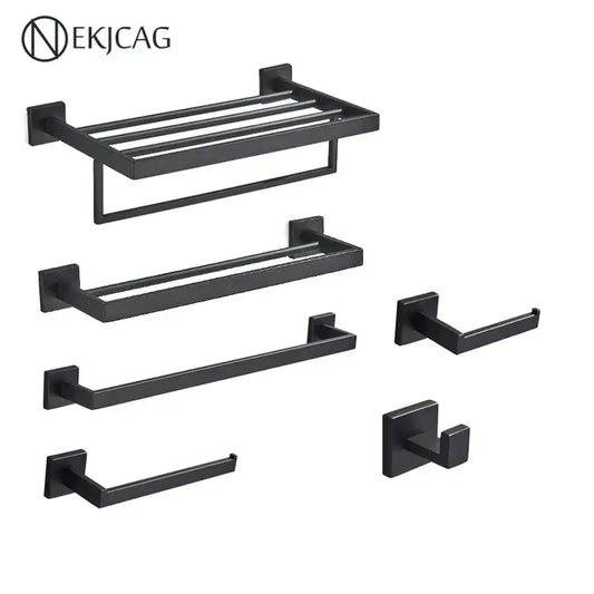 Modern matte black bathroom set by nekjcag featuring a black matte-finished metal towel rack for decorbites black bathroom