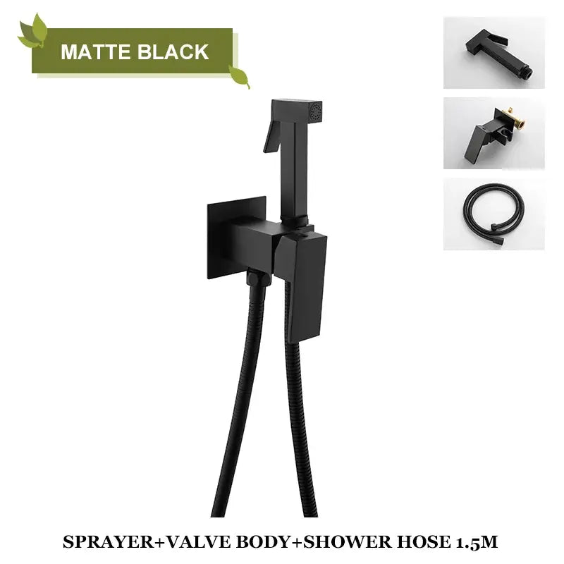 Modern matte black bidet faucet shower mixer with integrated valve and 1.5-meter hose featuring geometric design