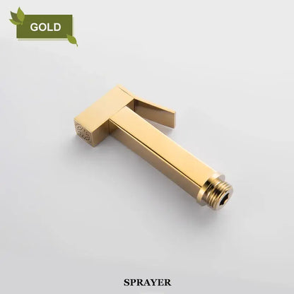 Gold-colored bidet faucet shower sprayer with sleek rectangular body and threaded connection for faucet shower mixer use
