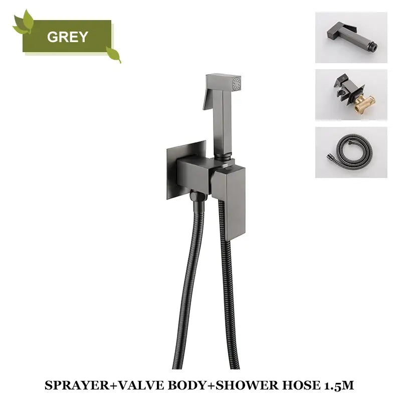 Modern matte grey bidet faucet shower mixer with sleek square design and flexible hose for bathroom use