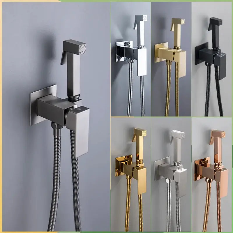 Modern matte black bidet faucet shower mixer with sleek rectangular sprayer and flexible metal hose wall-mounted design