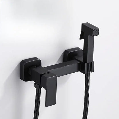 Modern matte black bidet spray gun set featuring a black matte-finished bathroom faucet with handheld showerhead and flexible hoses