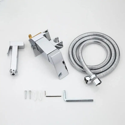 Modern matte black bidet spray gun set with chrome-finished angular faucet and flexible hose for hygienic bathroom use decorbites bidet spray