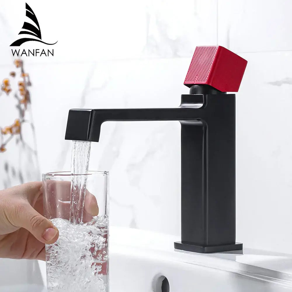 Modern matte black brass basin faucet with red textured square handle for decorbites black brass basin design
