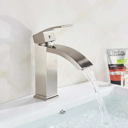 Modern matte black brass bathroom waterfall sink faucet with sleek arched spout and decorbites black brass finish