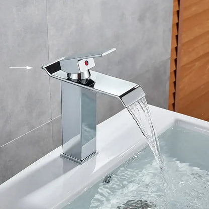 Modern matte black brass bathroom waterfall sink faucet with sleek chrome waterfall spout and single red button decorbites black brass