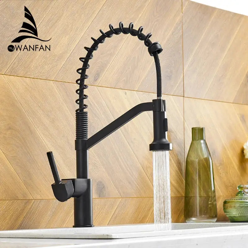Modern matte black brass kitchen faucet with coiled flexible spout and pull down sprayer for decorbites black brass kitchens