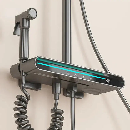 Modern matte black brass shower faucet set with led display showing 38°c and multiple function icons