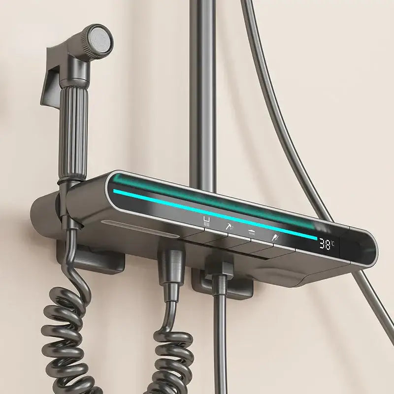 Modern matte black brass shower faucet set with led display showing 38°c and multiple function icons