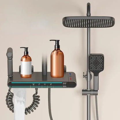Modern matte black brass shower faucet set with square rainhead handheld spray and digital temperature display