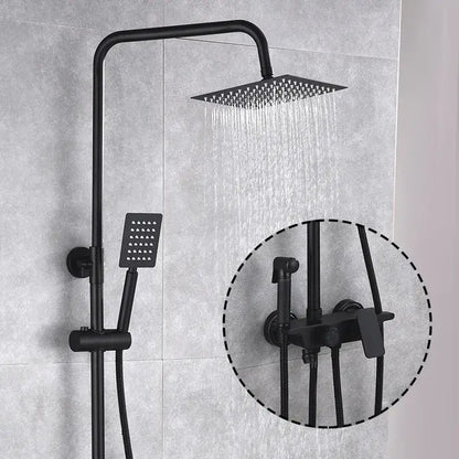 Modern matte black brass shower set featuring a black matte-finish square rain shower head and matching handheld faucet