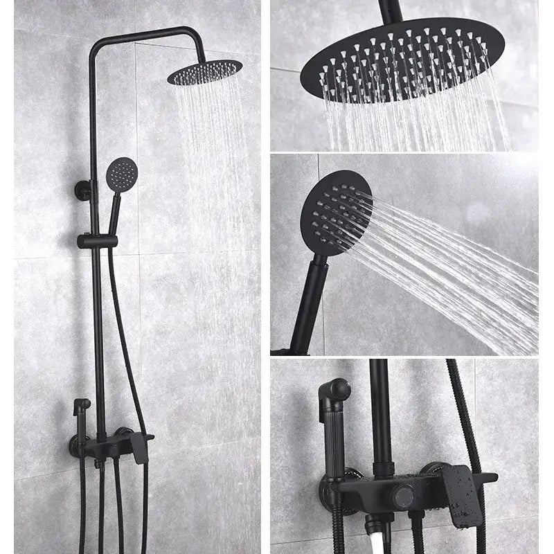 Modern matte black brass shower set with rectangular rainhead handheld spray and wall-mounted control valve by decorbites black brass shower