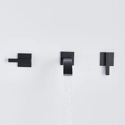 Modern matte black brass wall mounted basin faucet with minimalist square design and waterfall spout decorbites black brass wall