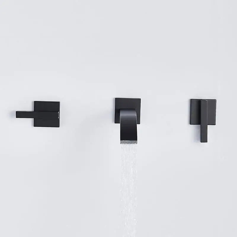 Modern matte black brass wall mounted basin faucet with minimalist square design and waterfall spout decorbites black brass wall