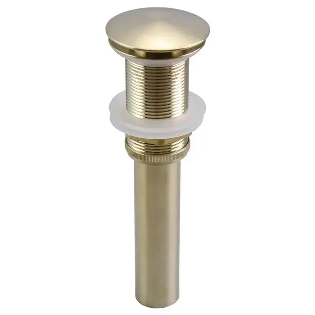 Brass-finished cylindrical bathroom sink drain with rounded top and threaded body for decorbites brushed gold basin faucet