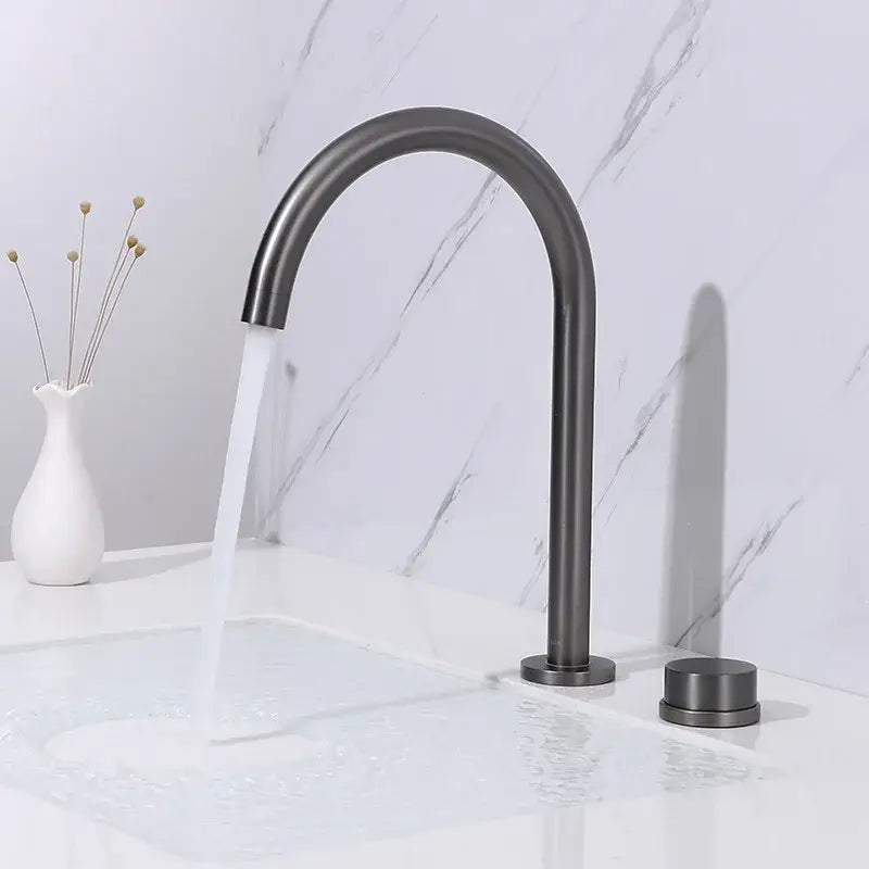 Modern matte black basin faucet with sleek curved spout and two handles paired with brushed gold decorbites accents