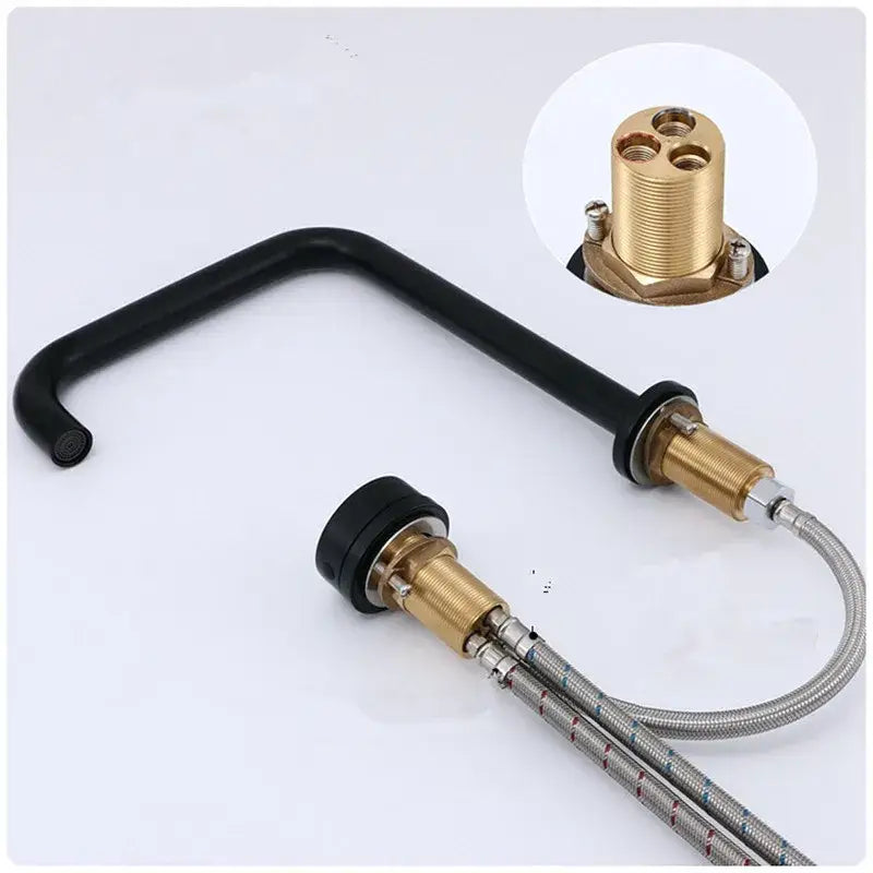 Modern matte black basin faucet with brushed gold fittings and flexible hoses for kitchen decorbites brushed gold style