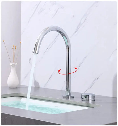 Modern chrome finished basin faucet with sleek arched spout and single handle for temperature control decorbites brushed gold