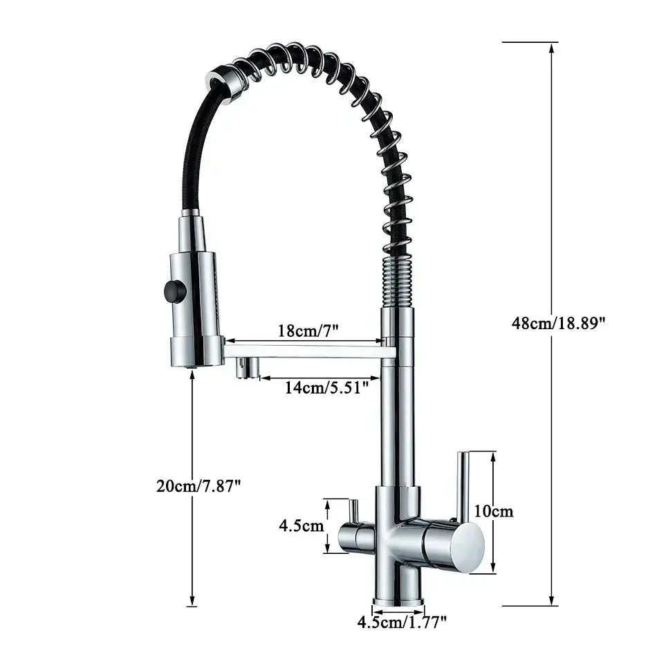 Modern matte black and brushed gold decorbites dual spout water filter kitchen faucet with flexible coiled hose and braided tubes