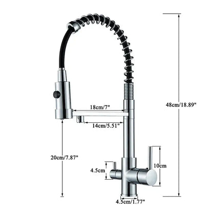 Modern matte black and brushed gold decorbites dual spout water filter kitchen faucet with flexible coiled hose and braided tubes
