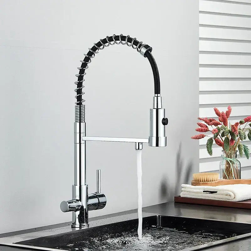 Modern matte black and brushed gold decorbites dual spout water filter kitchen faucet with chrome pull down flexible hose
