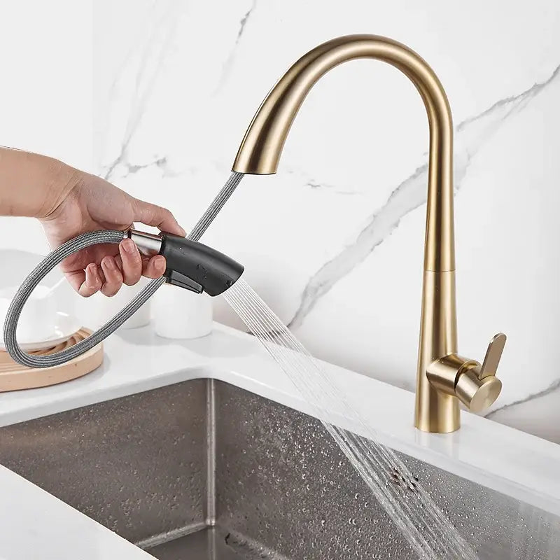 Modern matte black and brushed gold kitchen faucet with gold-toned pull-down spout and black handheld spray head decorbites black brushed