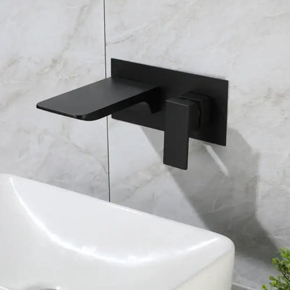 Black matte wall-mounted basin faucet with sleek modern design made of solid brass and brushed gold accents
