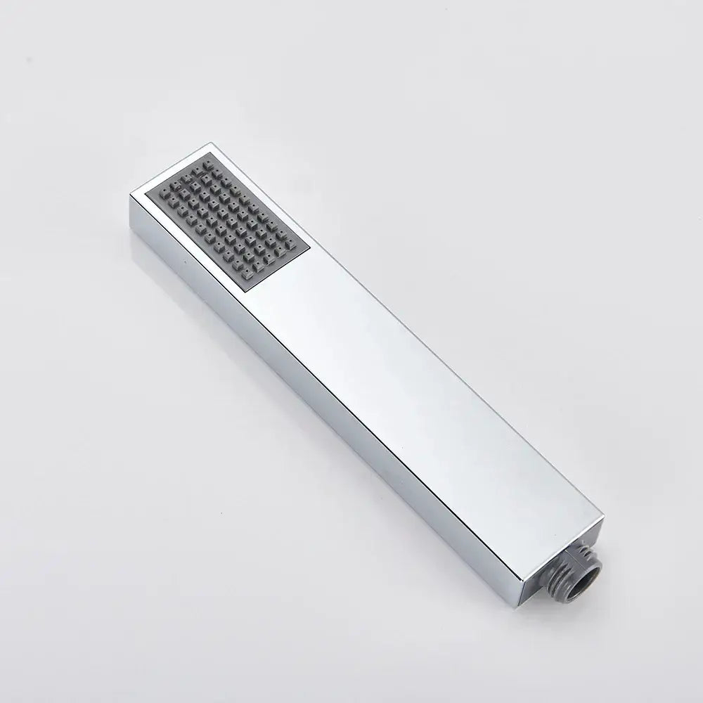 Chrome-finished rectangular handshower head with small nozzles and threaded connection for 150cm stainless hose decorbites black abs