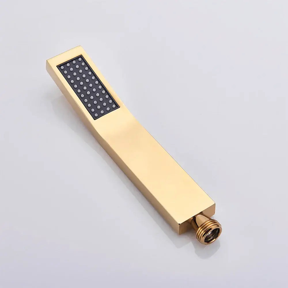Modern matte black handshower head with 150cm stainless hose and gold rectangular showerhead with black spray face decorbites black abs