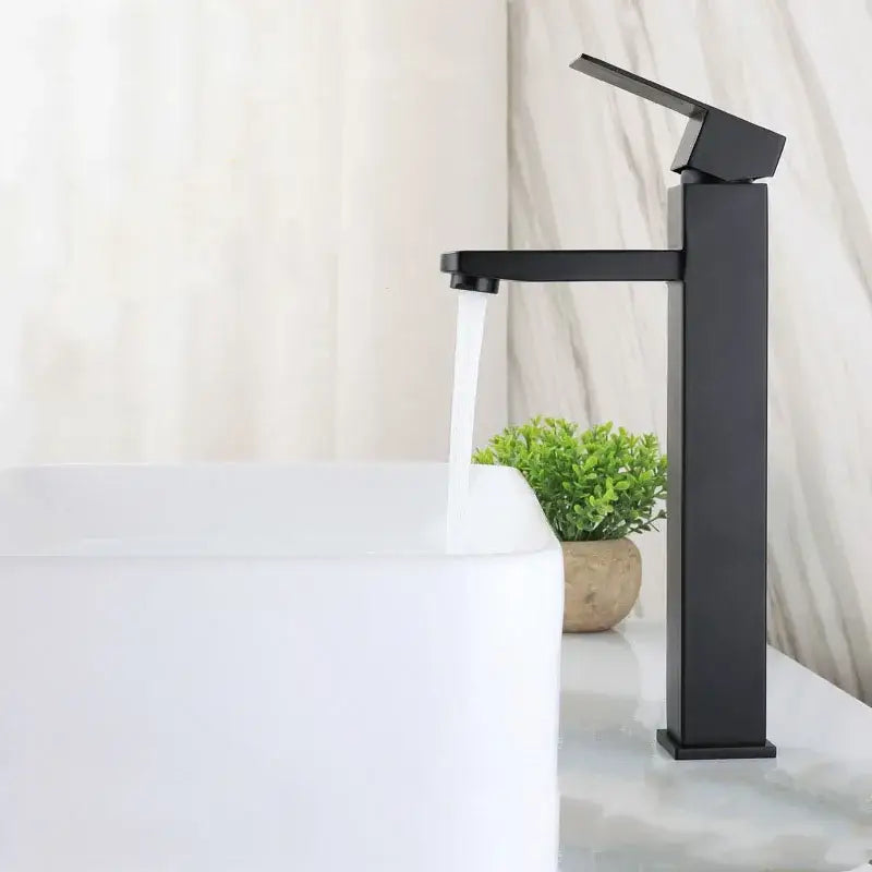 Modern matte black brushed tall basin sink faucet with angular design from decorbites brushed tall collection
