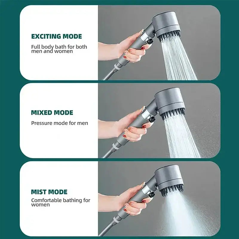 Modern matte black and chrome handheld shower head with gray finish and three modes high pressure for versatile shower experience