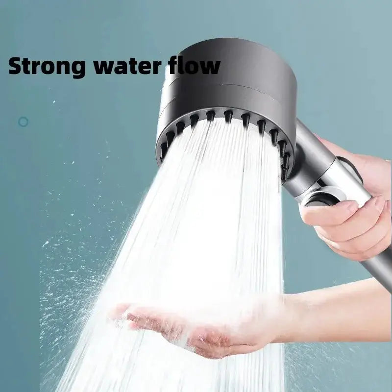 A sleek modern matte black and chrome shower head with three modes high pressure for enhanced shower experience